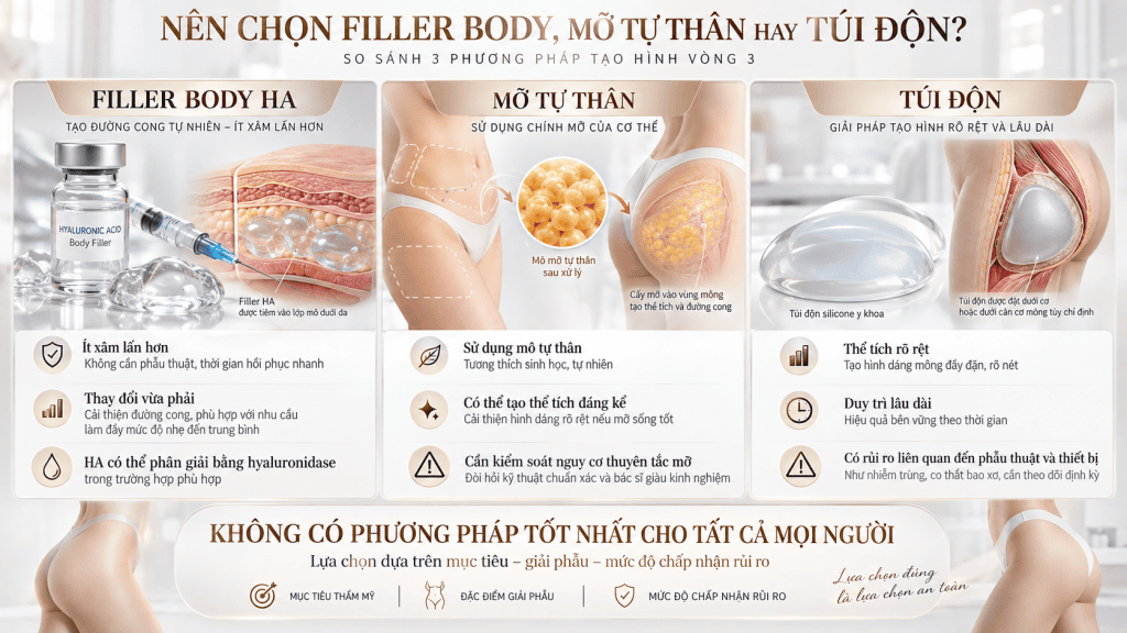 Filler body vs mỡ tự thân vs túi độn: So sánh dựa trên dữ liệu rủi ro